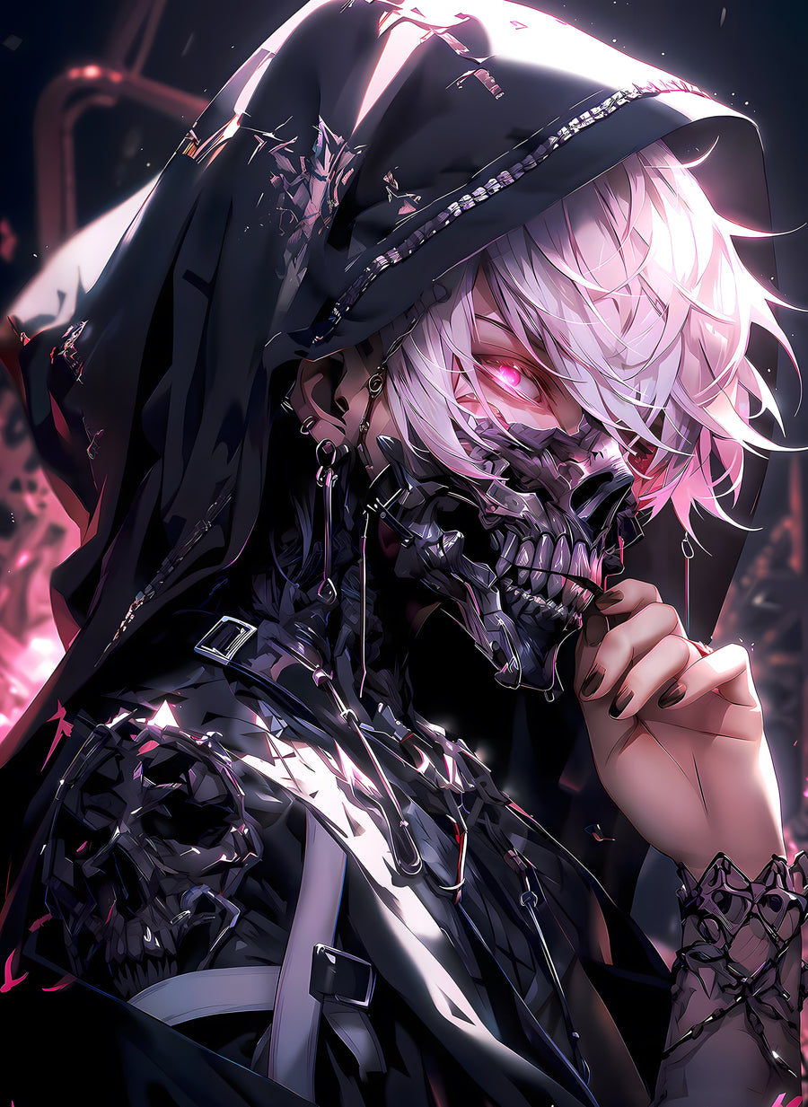 Ken Kaneki – In Flame - a masked white-haired figure in black, one eye burning red, on a metal wall art plate