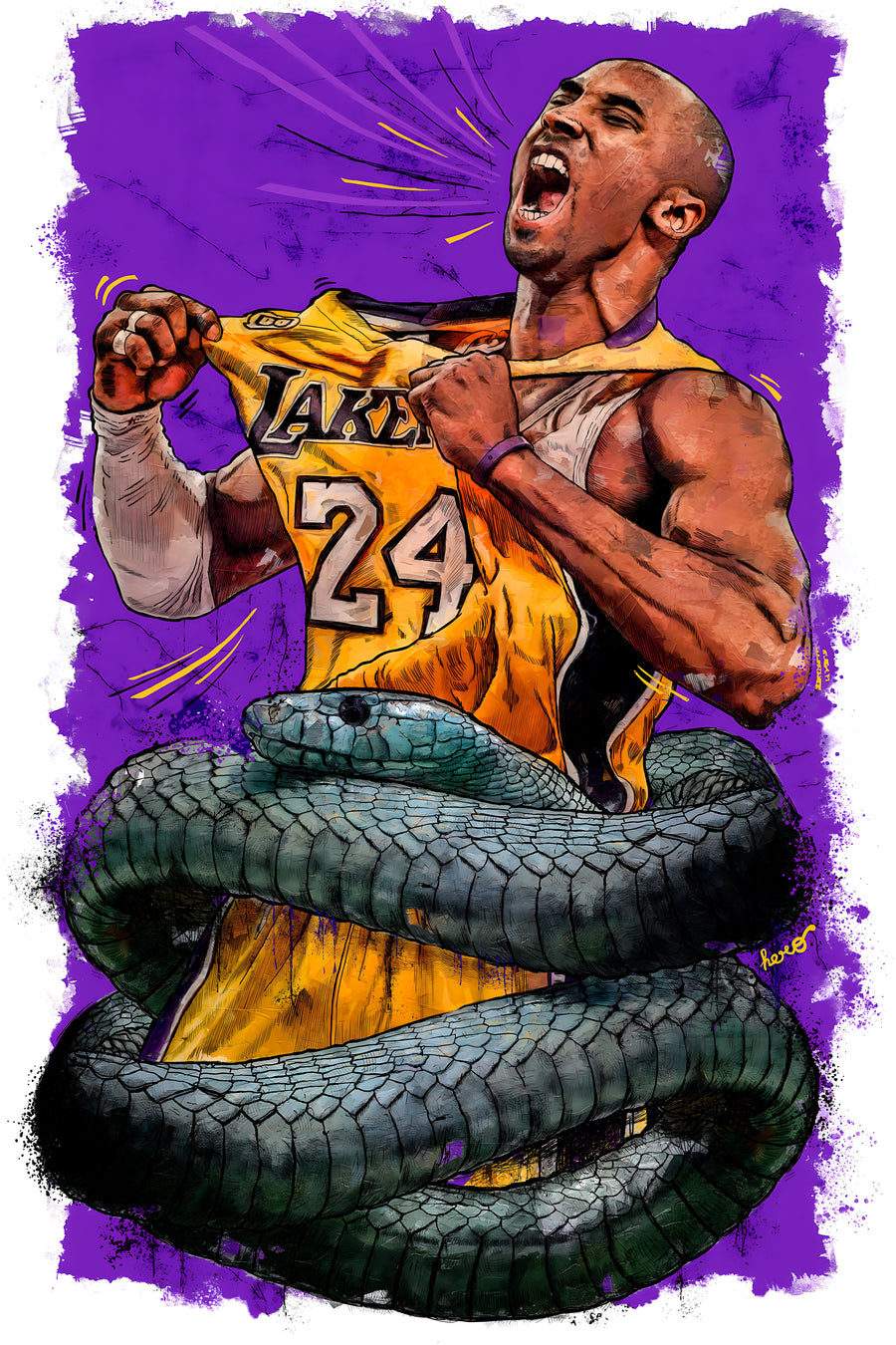 Kobe Bryant – Black Mamba - the roar in the gold twenty-four with a mamba coiled beneath, painted in purple and gold, on a metal wall art plate