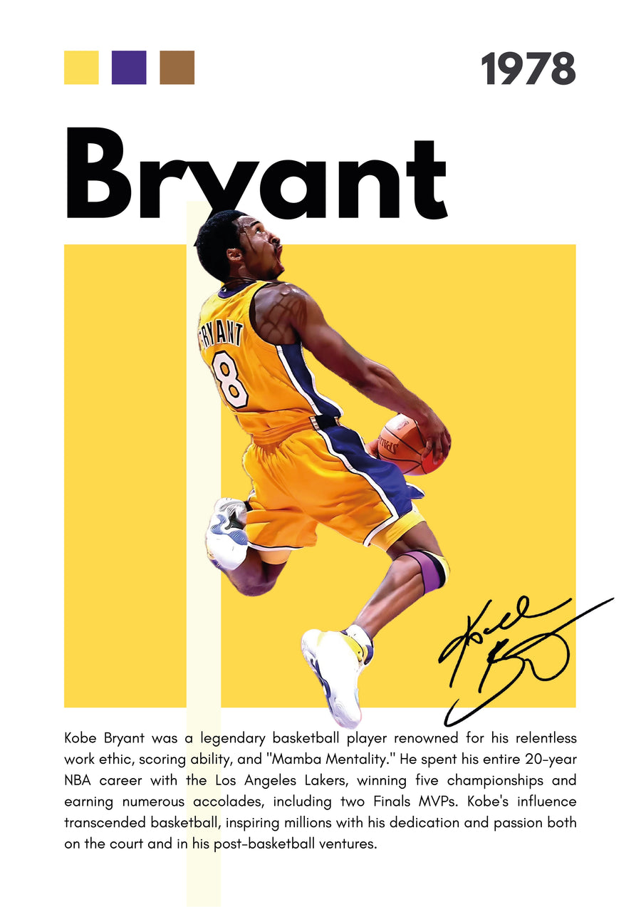 Kobe Bryant – Career Poster - the drive in gold against flat yellow, name set across the top and the career beneath, on a metal wall art plate