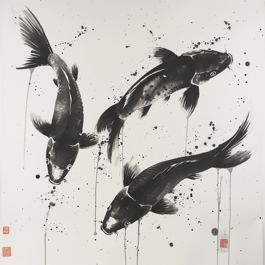 Koi Ink Study - three koi fish move through a field of black ink splashes and delicate brush marks, on a metal wall art plate