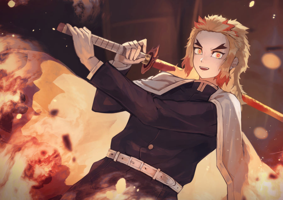 Kyojuro Rengoku – Blade Drawn - rengoku charging through fire, blade over his shoulder, on a metal wall art plate