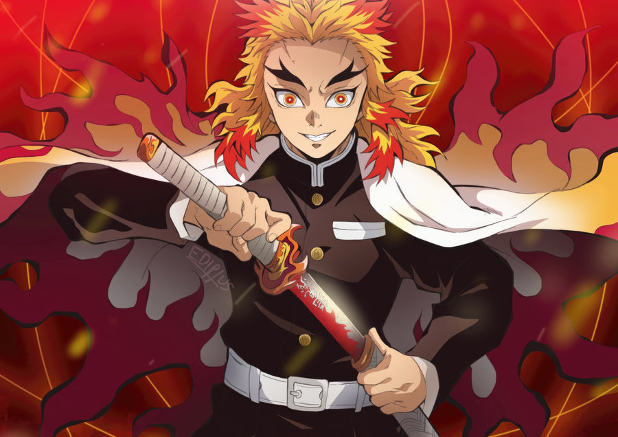 Kyojuro Rengoku – Flame Breathing - rengoku braced with his blade, flame breathing rolling off him, on a metal wall art plate