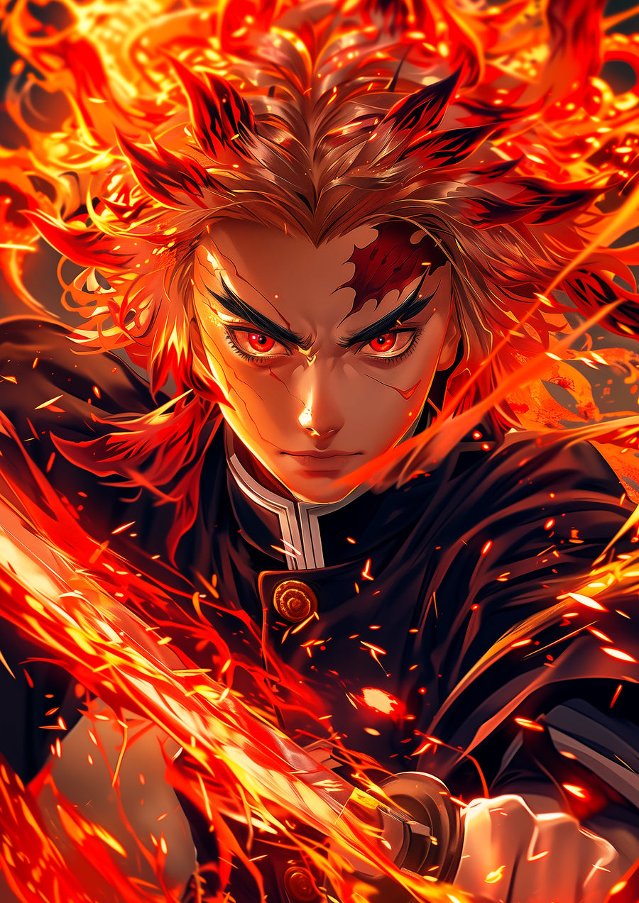 Kyojuro Rengoku – Portrait - rengoku with flame breathing rising off him in orange and red, on a metal wall art plate