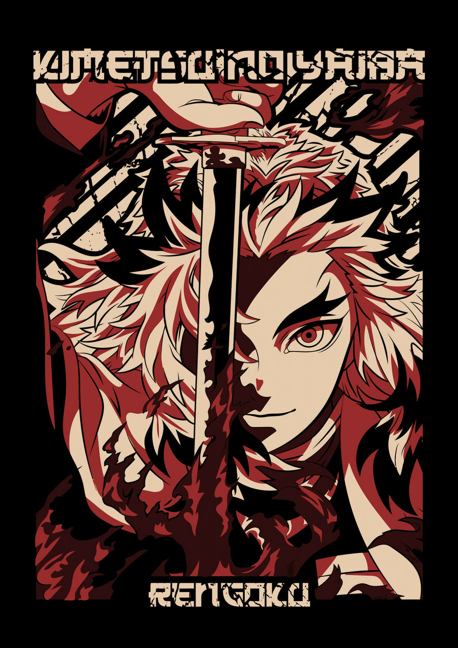 Kyojuro Rengoku – Poster - rengoku in a red and cream poster, blade held across the frame, on a metal wall art plate