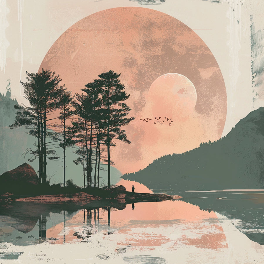 Lakeside Dusk - tall pines stand against an oversized blush sun mirrored in still lake water, with birds crossing a sage green sky