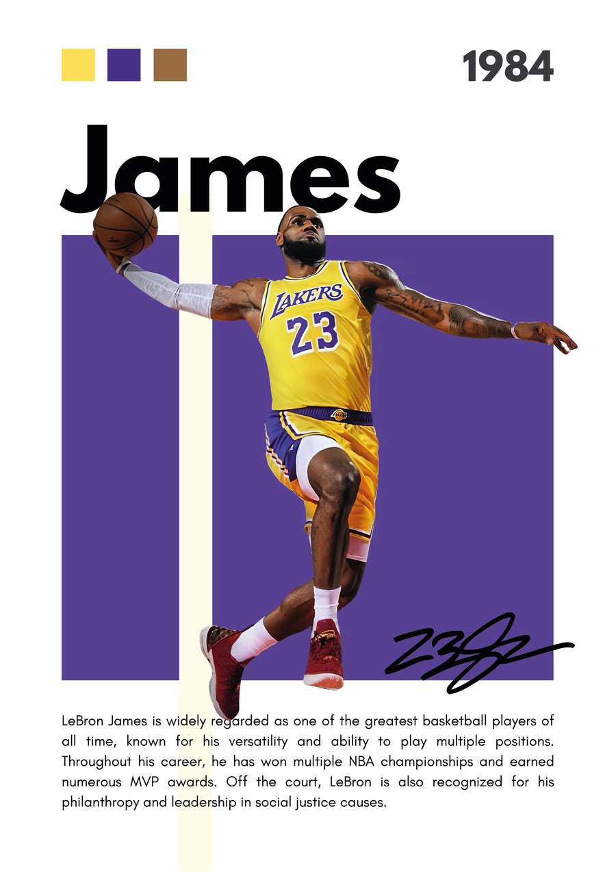 LeBron James – Career Poster - the drive to the rim in gold and purple, name set across the top and the career note underneath, on a metal wall art plate