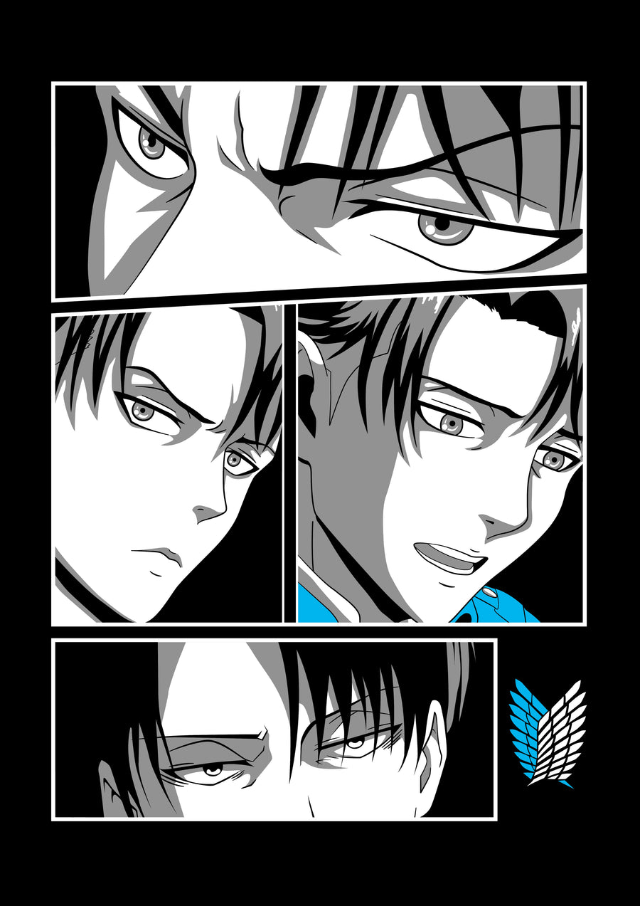 Levi Ackerman – Manga Panel - levi in manga panels with the Survey Corps wings beneath, on a metal wall art plate