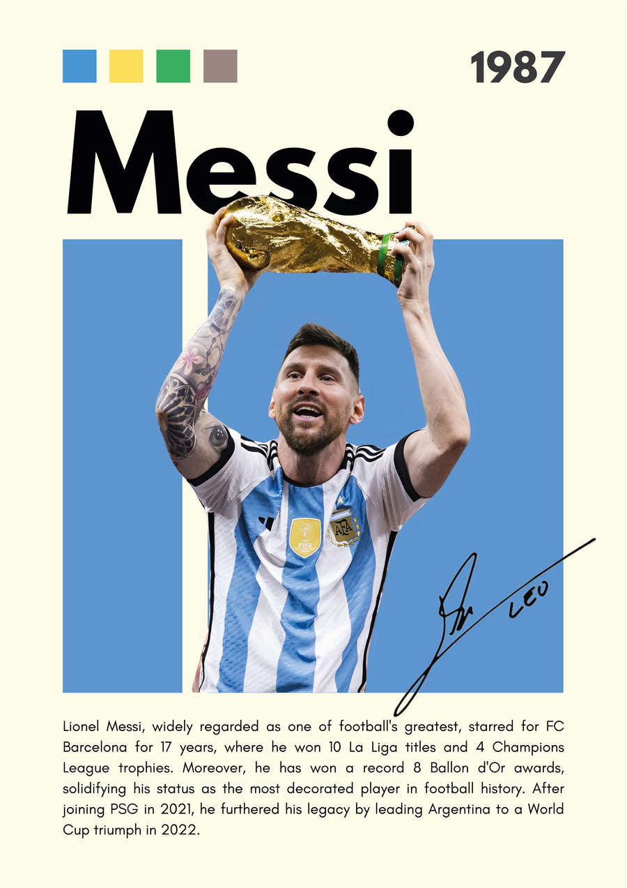 Lionel Messi – Career Poster - the trophy held overhead in the blue and white stripes, with the career set out beneath, on a metal wall art plate