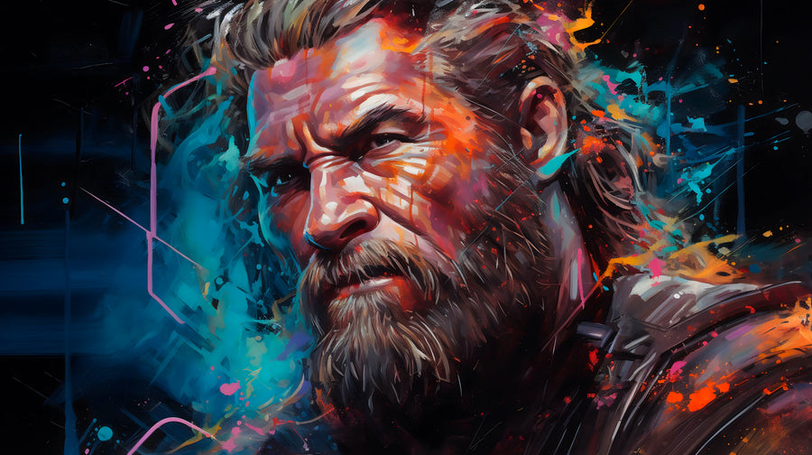 Logan – Paint Splash - a bearded fighter lit blue and orange, jaw set, on a metal wall art plate