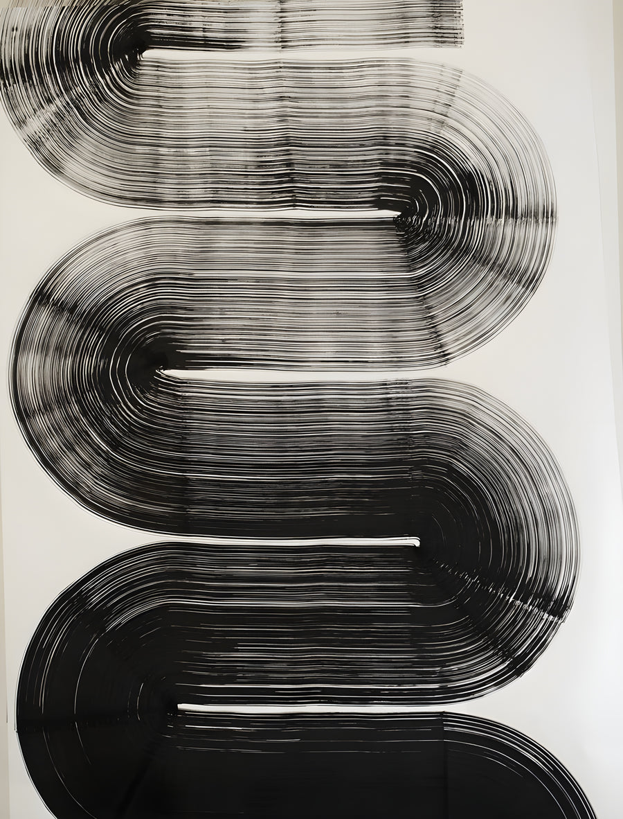 Looped Bands - broad bands of fine parallel line, folded back on themselves, on a metal wall art plate