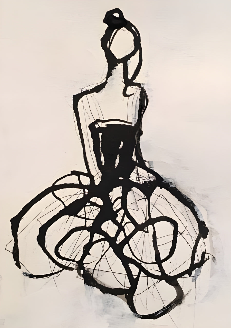 Looped Dress - a figure whose skirt is a single looping tangle of ink, on a blush ground, on a metal wall art plate