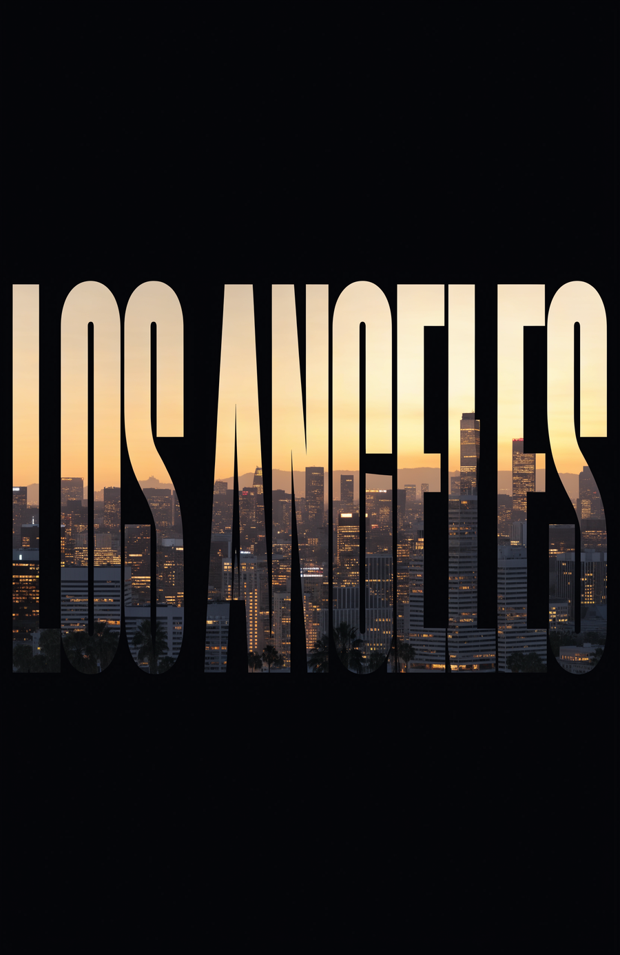 The name LOS ANGELES is cut from the skyline at golden hour, palms and city light filling the letters