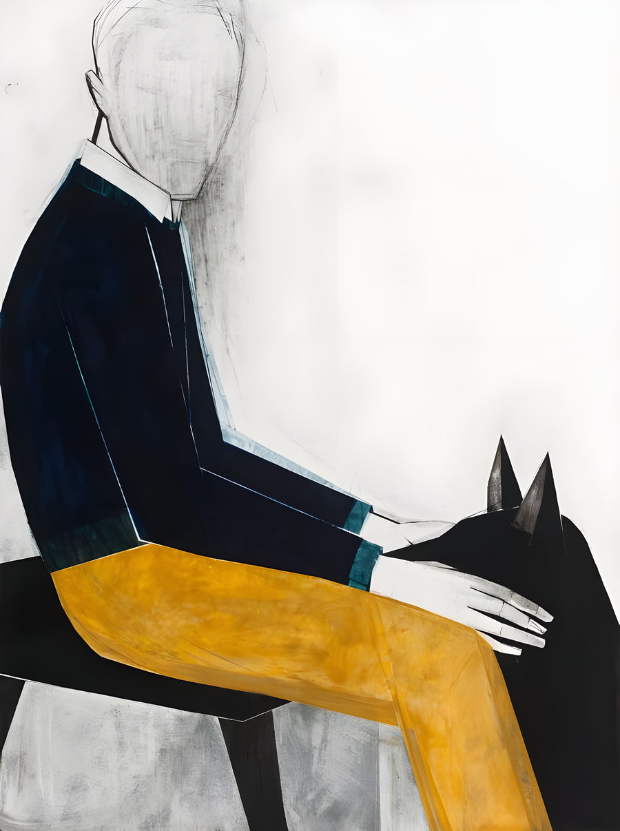 Man and Cat - a seated figure in navy and mustard with a black cat across the lap, on a metal wall art plate
