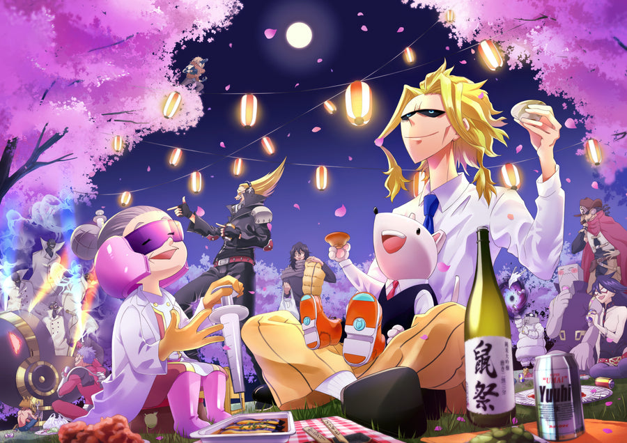 Manjiro Sano – Festival Lights - a night festival scene with lanterns, the gang sat drinking beneath them, on a metal wall art plate