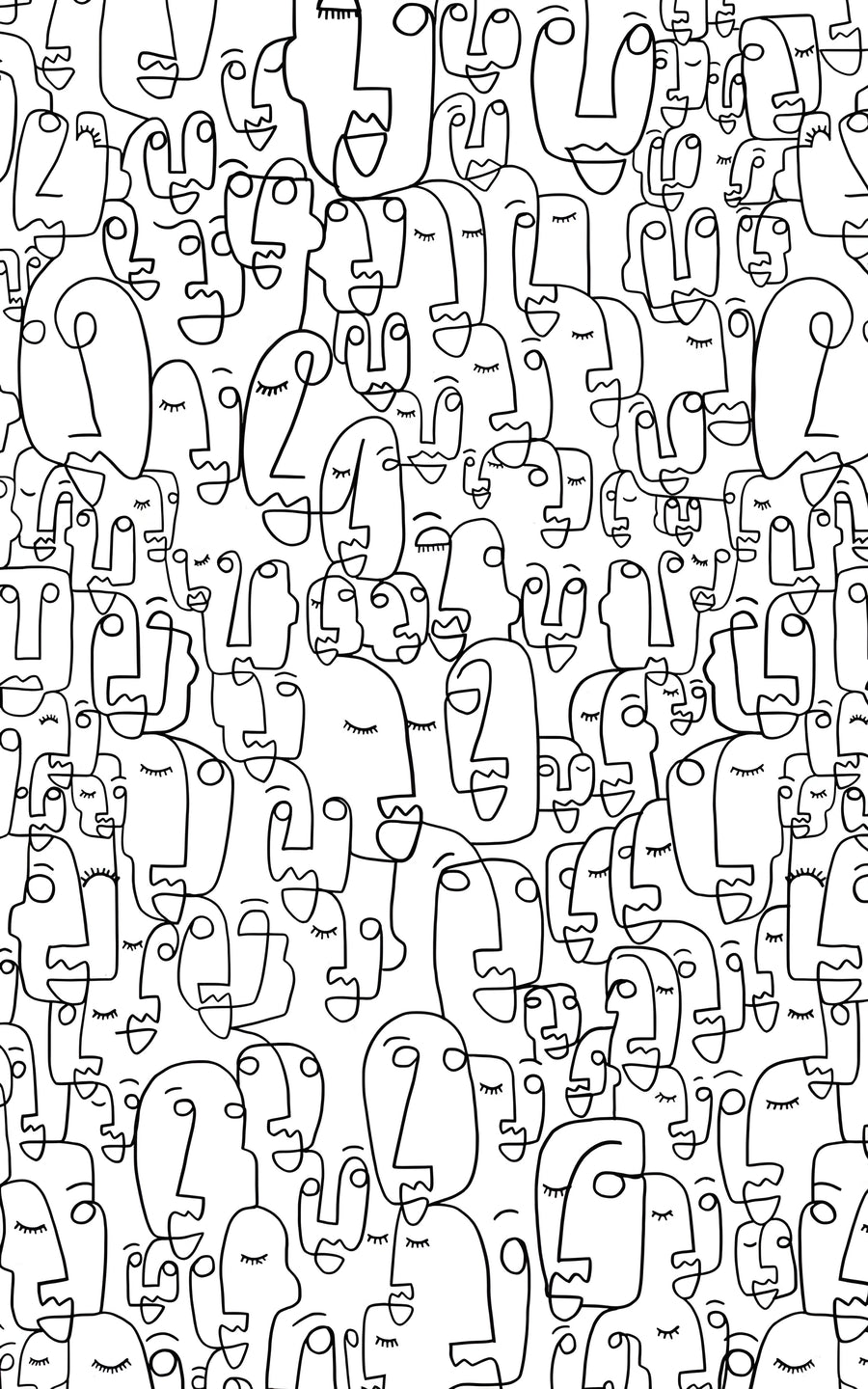 Many Faces - a field of small faces drawn in one line each, packed edge to edge, on a metal wall art plate