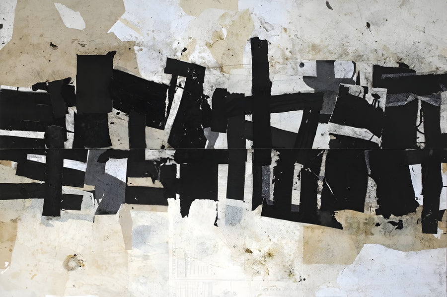 Marks on Collage - black marks laid over collaged and stained paper, like a wall written on and painted over, on a metal wall art plate