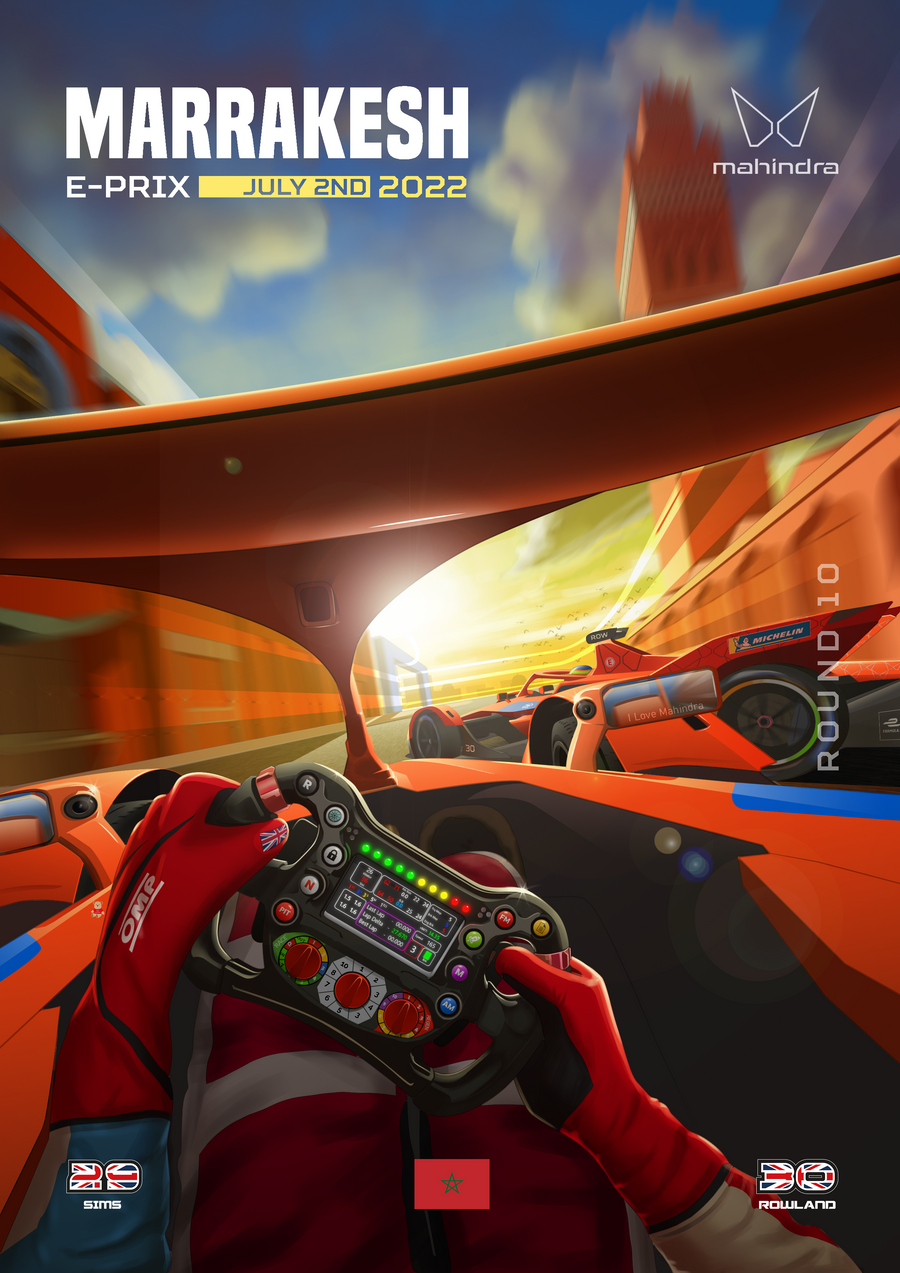 Marrakesh E-Prix 2022 – Race Poster - an illustrated race poster for the Marrakesh E-Prix 2022, Mahindra — drawn in the graphic, on a metal wall art plate