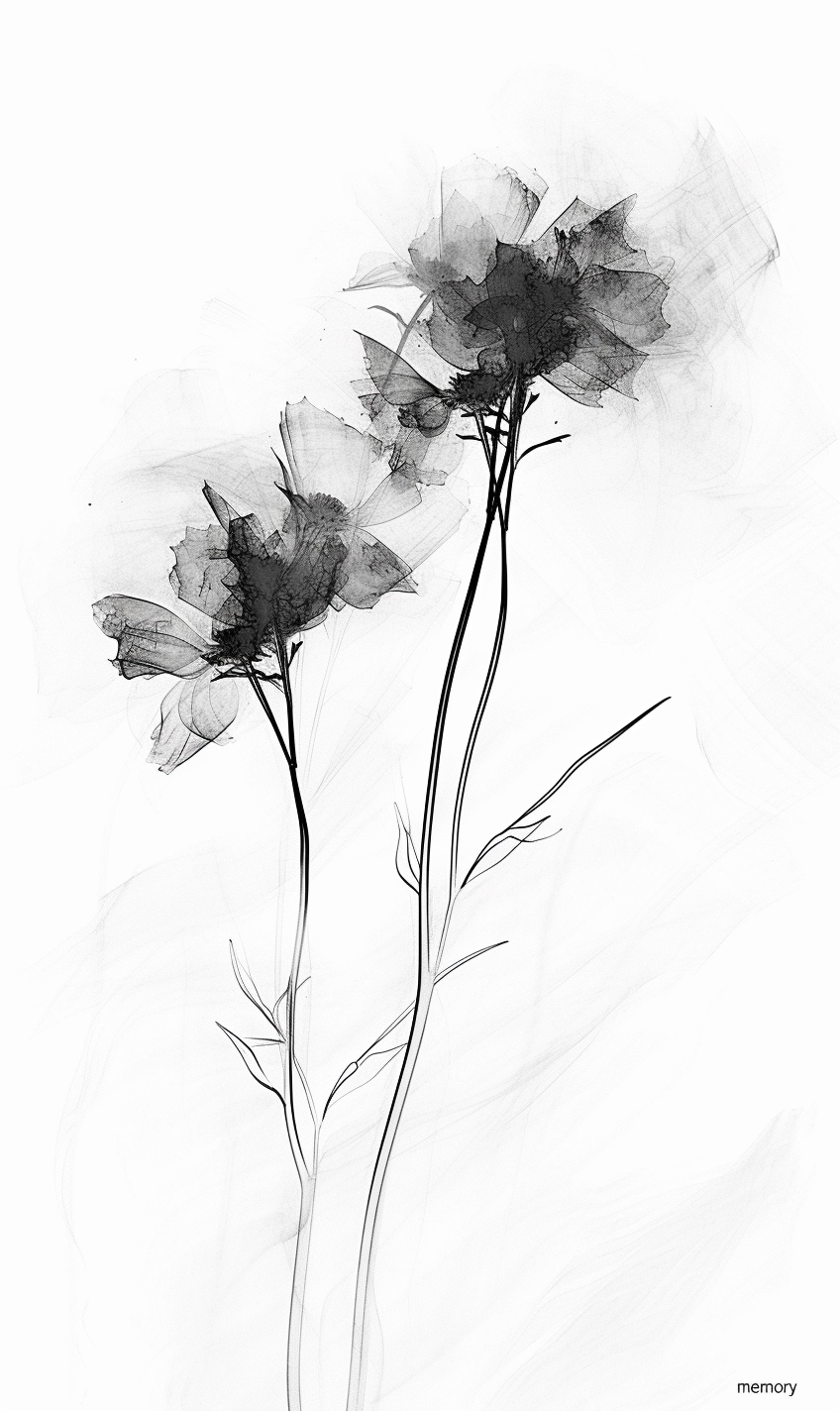 Memory - translucent poppies drawn in washed grey, stems thin as wire, the word memory set small at the, on a metal wall art plate
