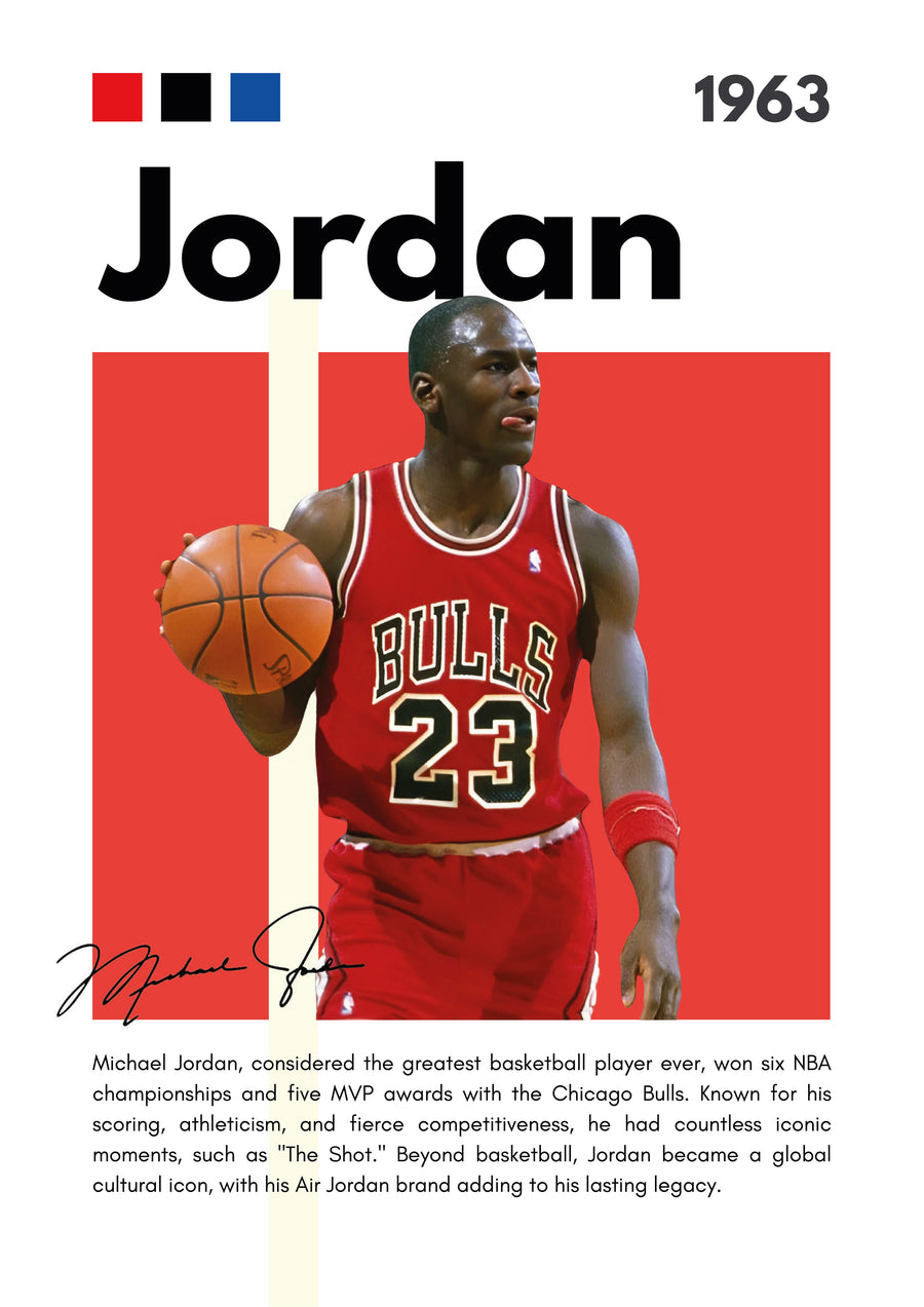 Michael Jordan – Career Poster - the red twenty-three with ball in hand against banded red, the career written out underneath, on a metal wall art plate