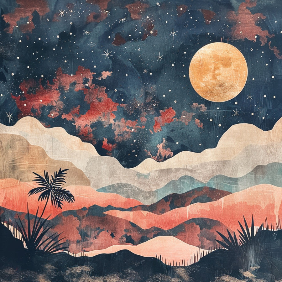 Midnight Desert Sky - a luminous golden moon and scattered stars glow above layered coral and cream desert hills against a deep navy sky
