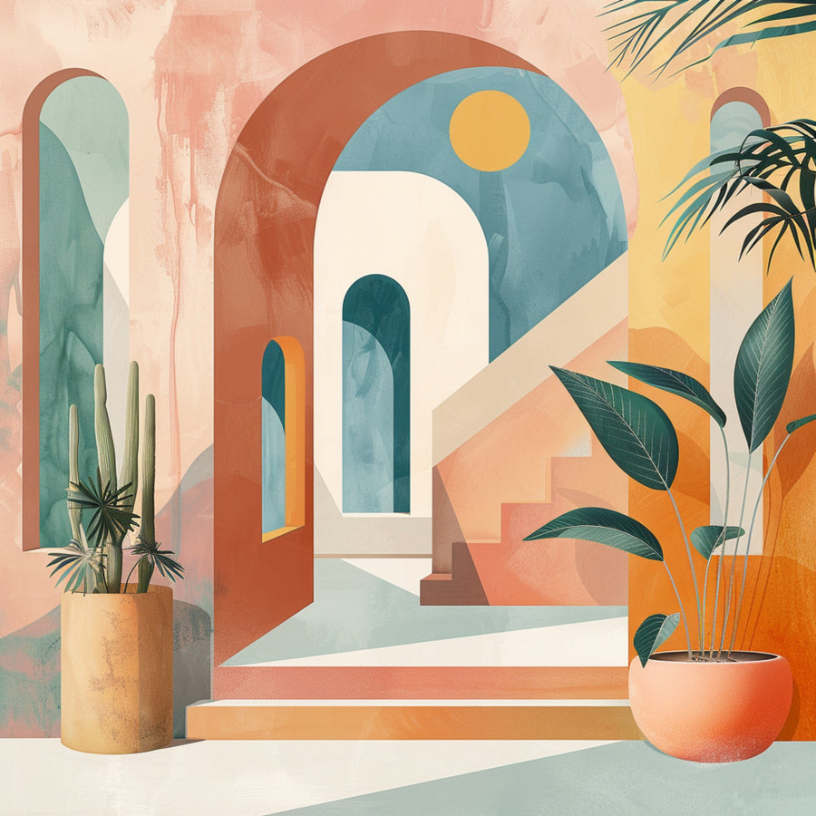 Modern Desert Courtyard - pastel arches, warm terracotta walls and sculptural desert plants create a serene architectural scene in peach