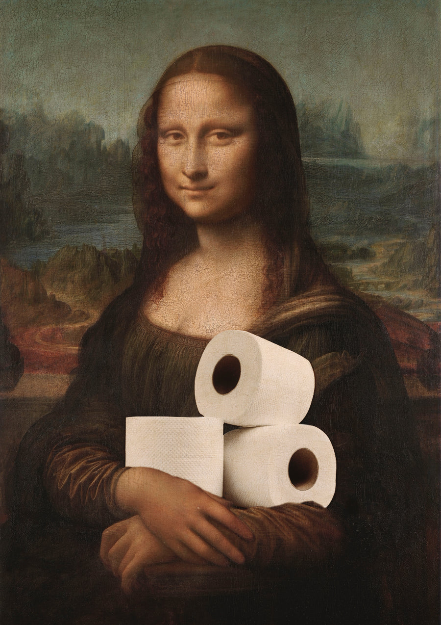 Mona Lisa – Supplies - the famous portrait with an armful of toilet rolls where the hands should be, on a metal wall art plate