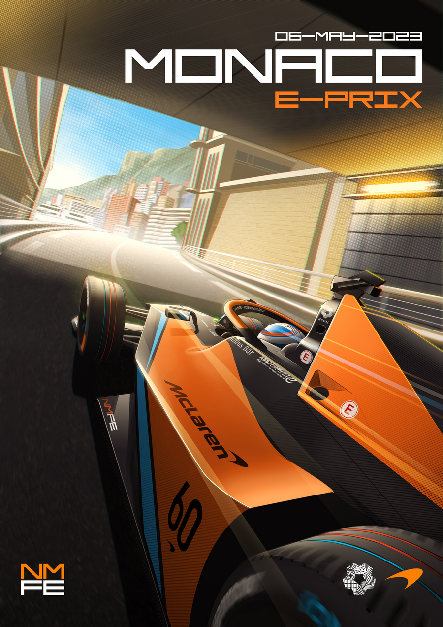 Monaco E-Prix 2023 – Race Poster - an illustrated race poster for the Monaco E-Prix 2023 — drawn in the graphic, flat-colour, on a metal wall art plate