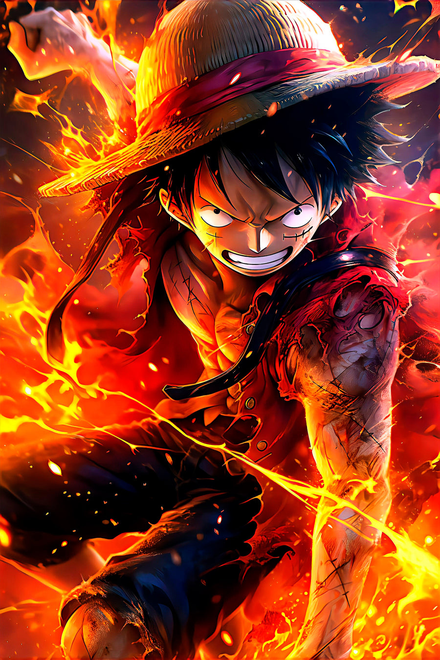 Monkey D. Luffy – Lightning - luffy grinning under his straw hat in a storm of fire and lightning, on a metal wall art plate