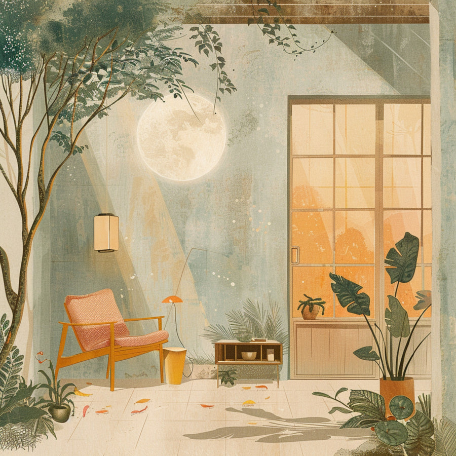 Moonlit Garden Room - a warm mid-century interior filled with lush plants, glowing windows and a soft moonlit atmosphere, on a metal wall art plate