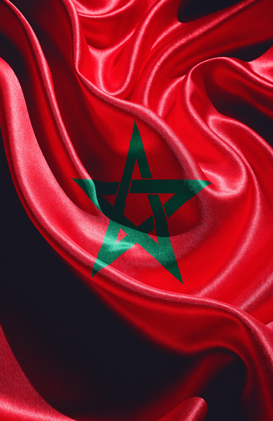The Moroccan flag moves in deep red satin, the green pentagram star held at its centre