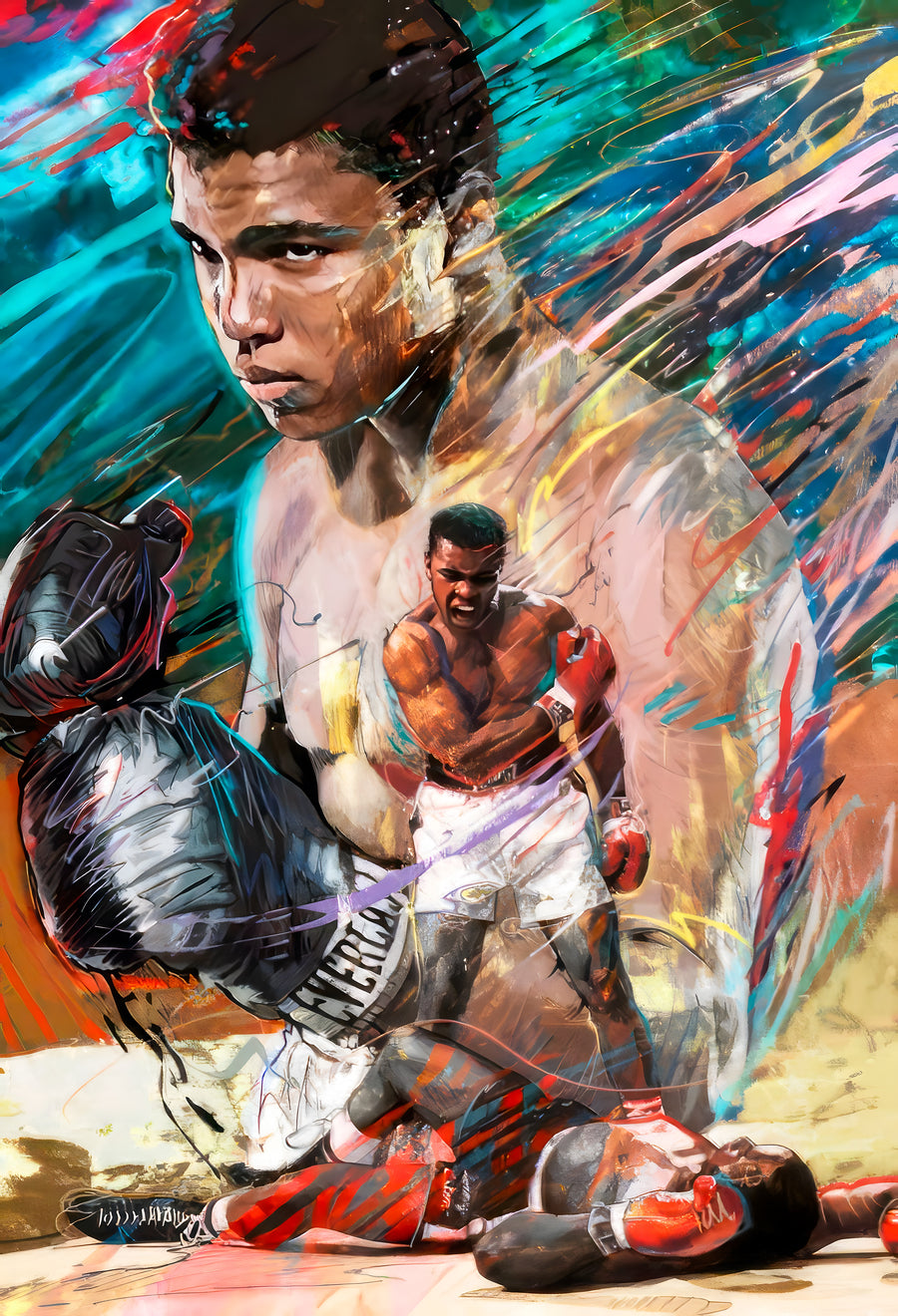 Muhammad Ali – The Greatest - the fighter standing over the fallen, painted in hot colour with the gloves still up, on a metal wall art plate