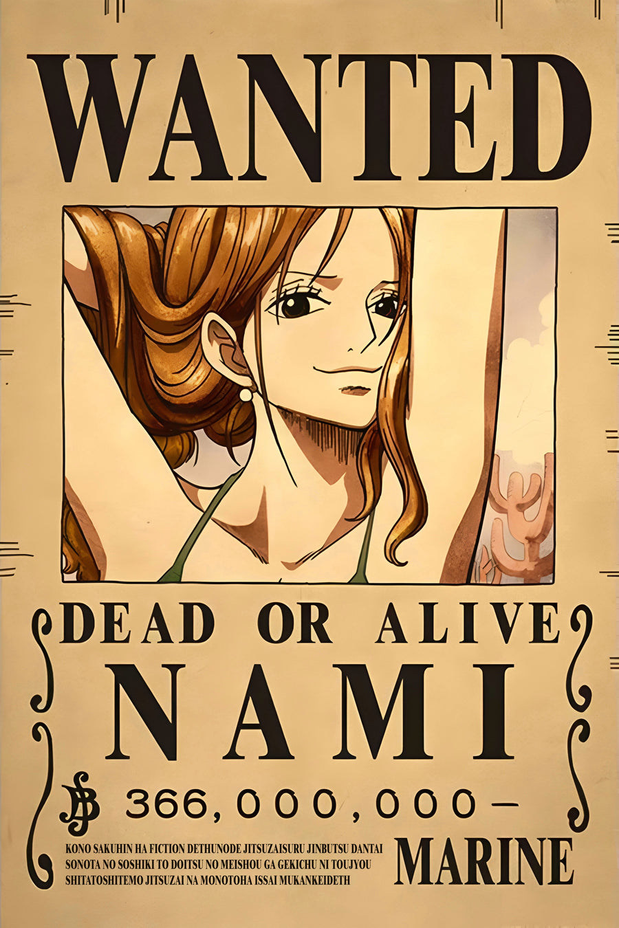 Nami – Bounty Poster - a bounty poster for Nami, 366,000,000 berries, dead or alive, on a metal wall art plate
