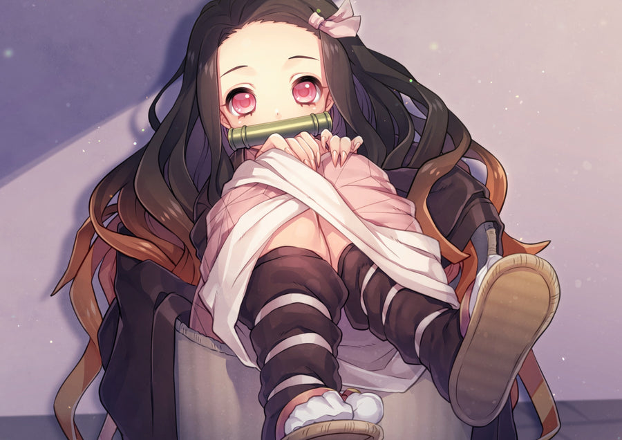 Nezuko Kamado – Portrait - nezuko crouched small, sleeves over her hands, on a metal wall art plate