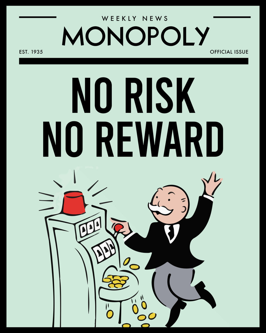 No Risk No Reward - “No Risk No Reward” set as a newspaper front page, mint green, with the tycoon hitting the, on a metal wall art plate