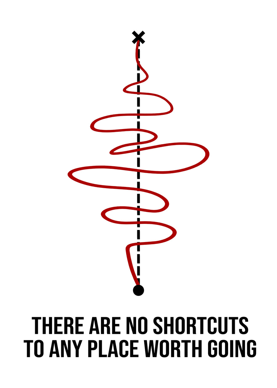 No Shortcuts - “There are no shortcuts to any place worth going” — a looping red line beside the straight, on a metal wall art plate