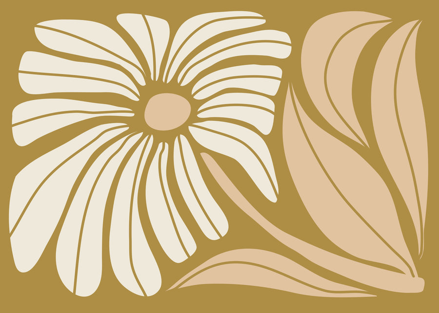 Ochre Daisy - an oversized cream daisy and sweeping blush leaves sit against a rich ochre background, on a metal wall art plate