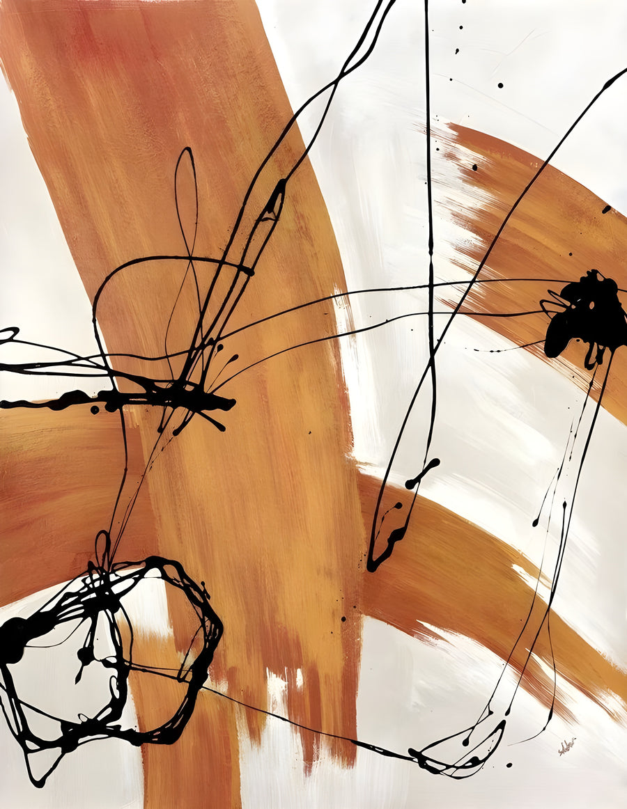 Orange and Ink - wide orange brushstrokes crossed by flicked black line, on a metal wall art plate