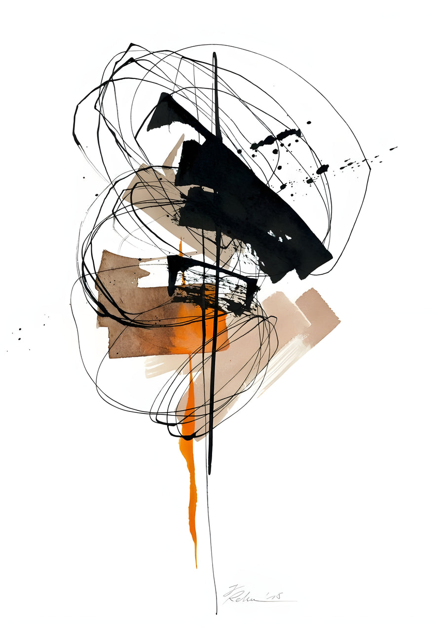 Orange Drip - a knot of scribble and black blocks with a single orange line running out of it, on a metal wall art plate