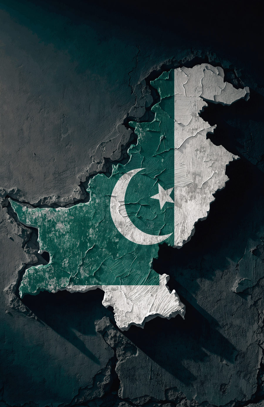 The map of Pakistan is painted straight onto dark weathered concrete, deep green and white cracked across the surface