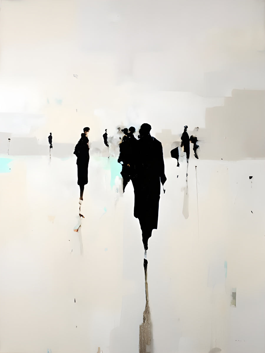 Pale Crowd - figures crossing a pale, almost empty field, their reflections running below them, on a metal wall art plate