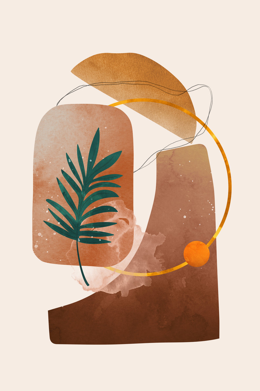 Palm & Gold Ring - a deep green palm frond sits across layered rust and ochre shapes, circled by a thin gold ring and loose line work