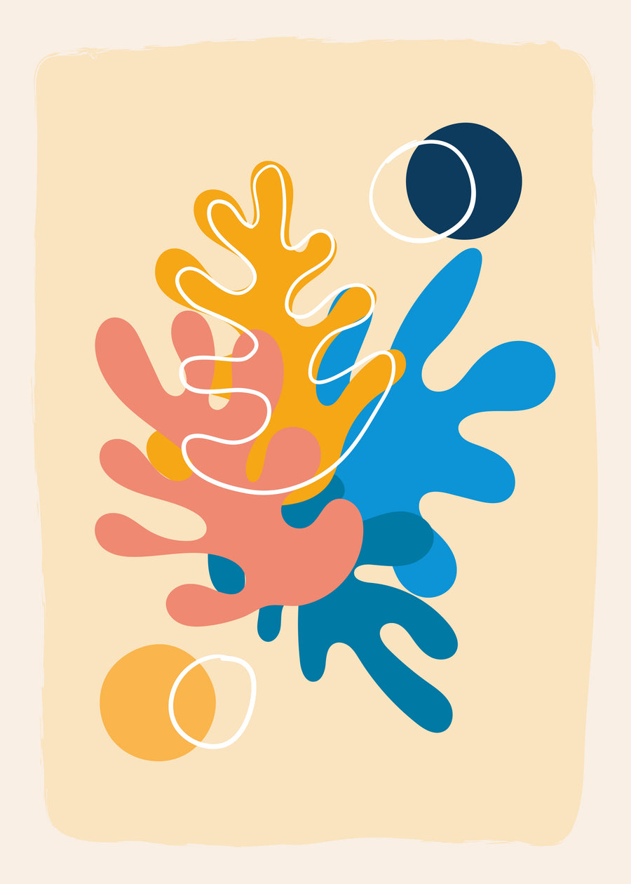 Playful Organic Layers - coral, blue, orange and teal organic shapes overlap with loose white linework on a warm neutral field, on a metal wall art plate