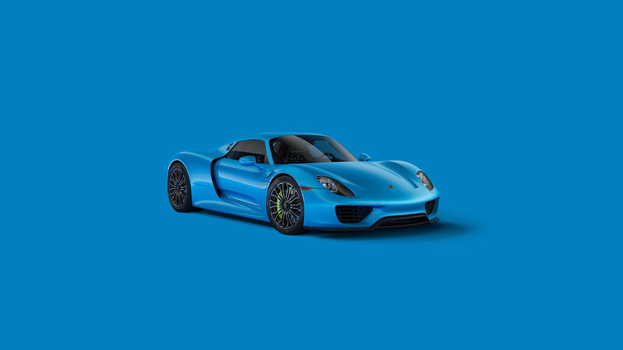 Porsche 918 Spyder - a blue against a flat blue ground — nothing else in the frame, on a metal wall art plate