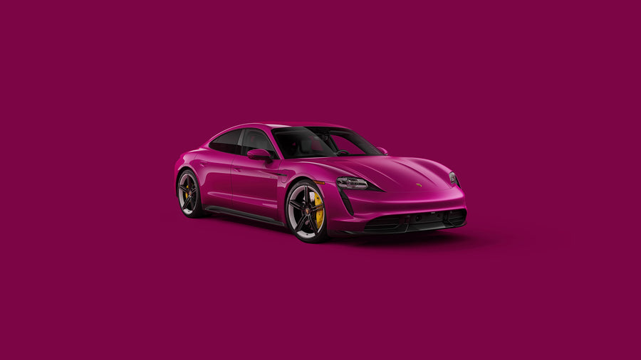 Porsche Taycan - a pink car against a flat magenta ground — nothing else in the frame, on a metal wall art plate