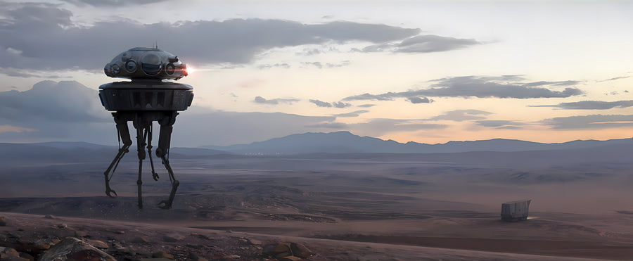 Probe Droid – Desert - a walking droid picking its way across an empty plain at dusk, on a metal wall art plate