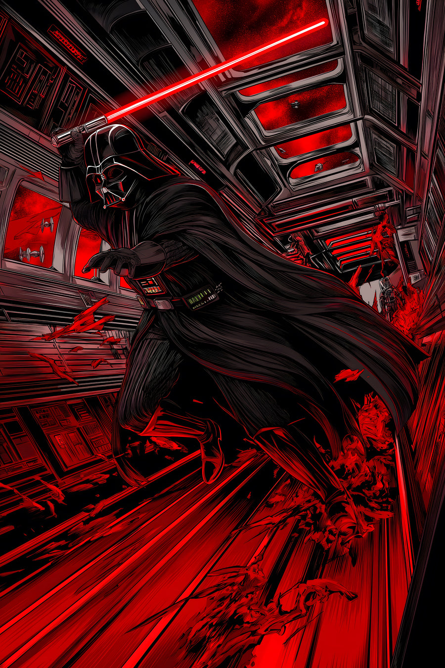 Red Corridor - a caped figure advancing down a corridor lit entirely red, on a metal wall art plate