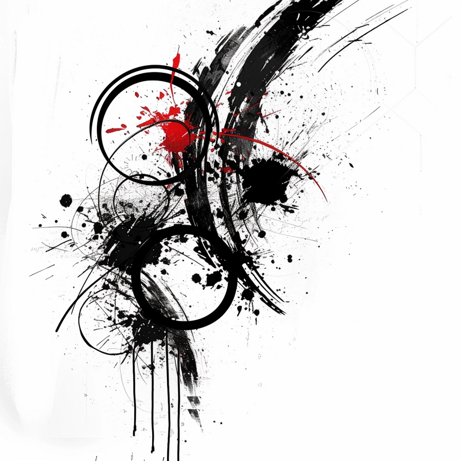 Red Ink Orbit - black brush strokes, circular forms and vivid red splashes collide across a clean white ground, on a metal wall art plate