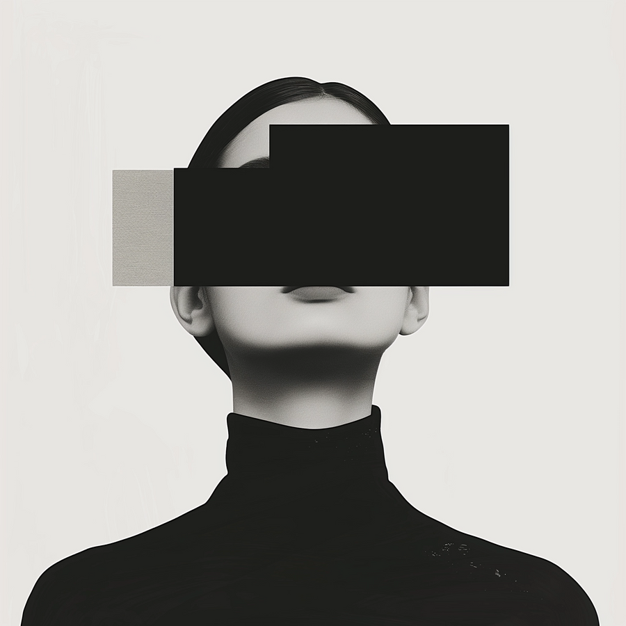 Redacted - a high-contrast portrait with a black bar across the eyes and a black polo neck swallowing the, on a metal wall art plate