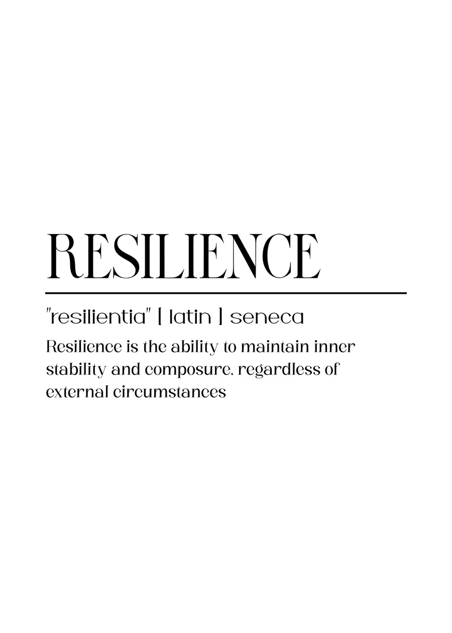 Resilience – Definition - rESILIENCE, set out as a dictionary entry: "resilientia" | latin | seneca, on a metal wall art plate