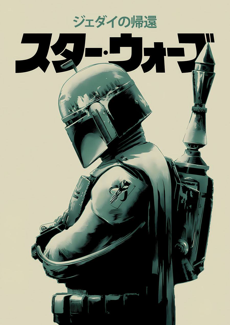 Return of the Jedi – Japanese Poster - the bounty hunter in profile, green armour and jetpack, beneath Japanese type, on a metal wall art plate